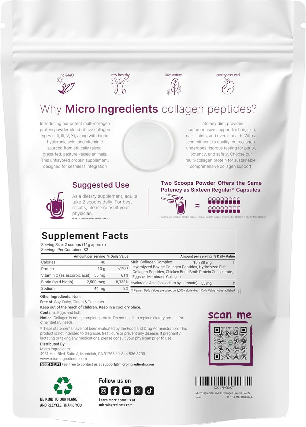 Multi Collagen Peptides Powder, 2lb (82 Servings) Hydrolyzed Type I,II,III,V,X with Biotin, Hyaluronic Acid, Vitamin C Unflavored Collagen for Women & Men, Easy Dissolve