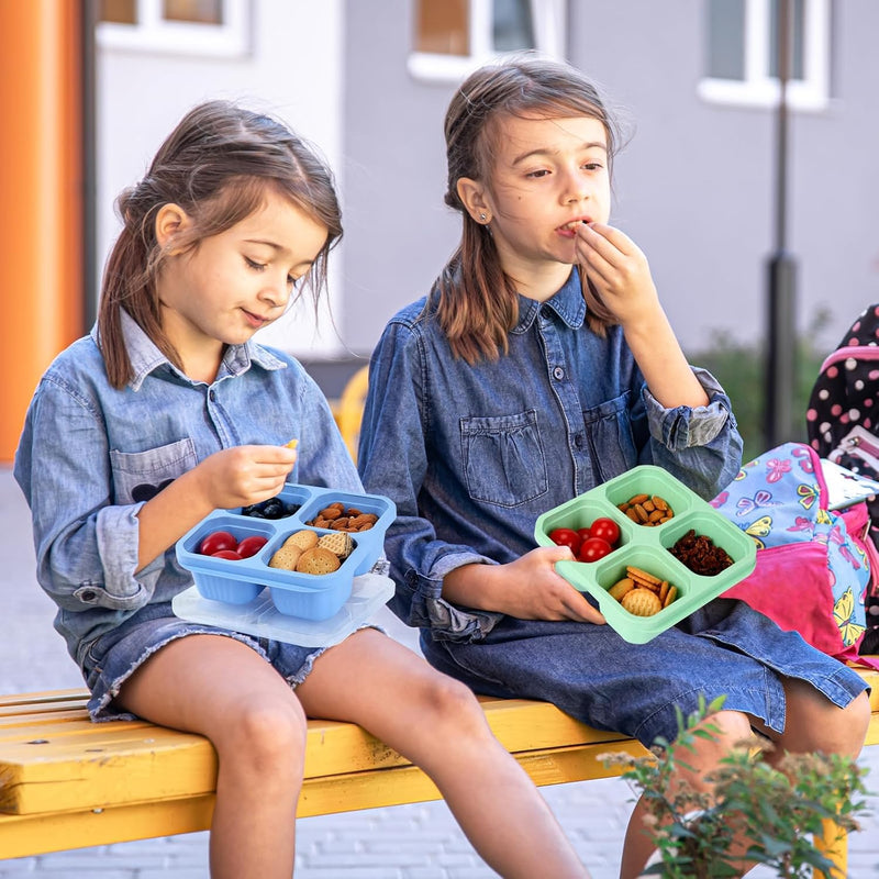 BIGTHREE 4 Pack Bento Snack Containers Set, Wheat Straw Meal Prep Lunch Box, 4 Compartment Snack Bento Boxes with Clear Lids, Microwave and Dishwasher Safe for Adults & Kids