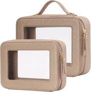 Clear Makeup Bag Travel Cosmetic Case Transparent Toiletry Bag with Zipper, Portable Make Up Organizer Traveling Compact Car Bag for Essentials, Gold, Medium and Large - Gold Dual Elegance