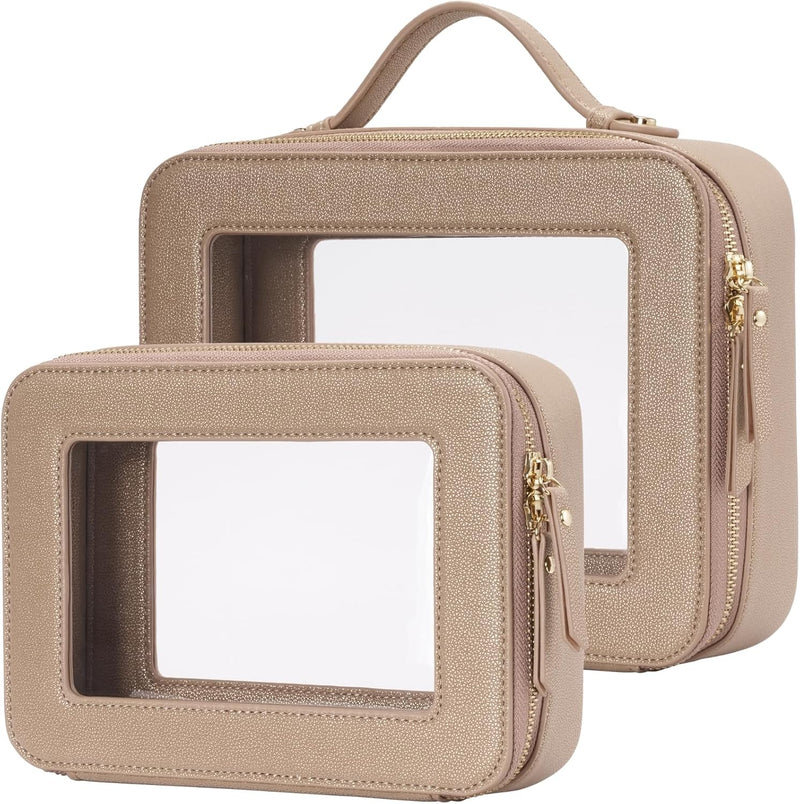Clear Makeup Bag Travel Cosmetic Case Transparent Toiletry Bag with Zipper, Portable Make Up Organizer Traveling Compact Car Bag for Essentials, Gold, Medium and Large - Gold Dual Elegance