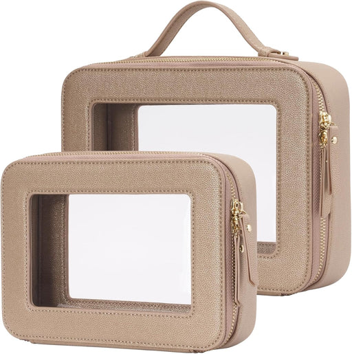 Clear Makeup Bag Travel Cosmetic Case Transparent Toiletry Bag with Zipper, Portable Make Up Organizer Traveling Compact Car Bag for Essentials, Gold, Medium and Large - Gold Dual Elegance