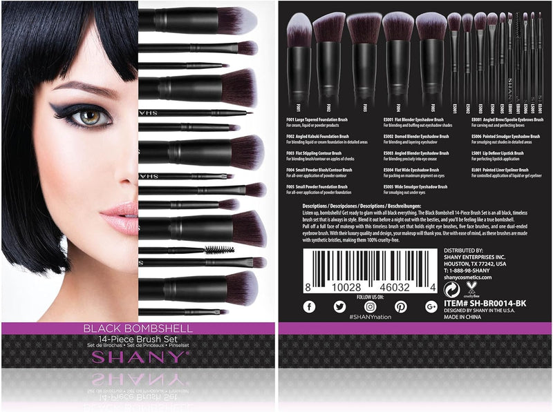 SHANY Makeup Brushes - Black Bombshell - 14-Piece Brush Set Foundation Powder Concealers Eye Shadows Makeup brushes - Complete Kabuki Makeup Brush Set in Black - 14 PCS