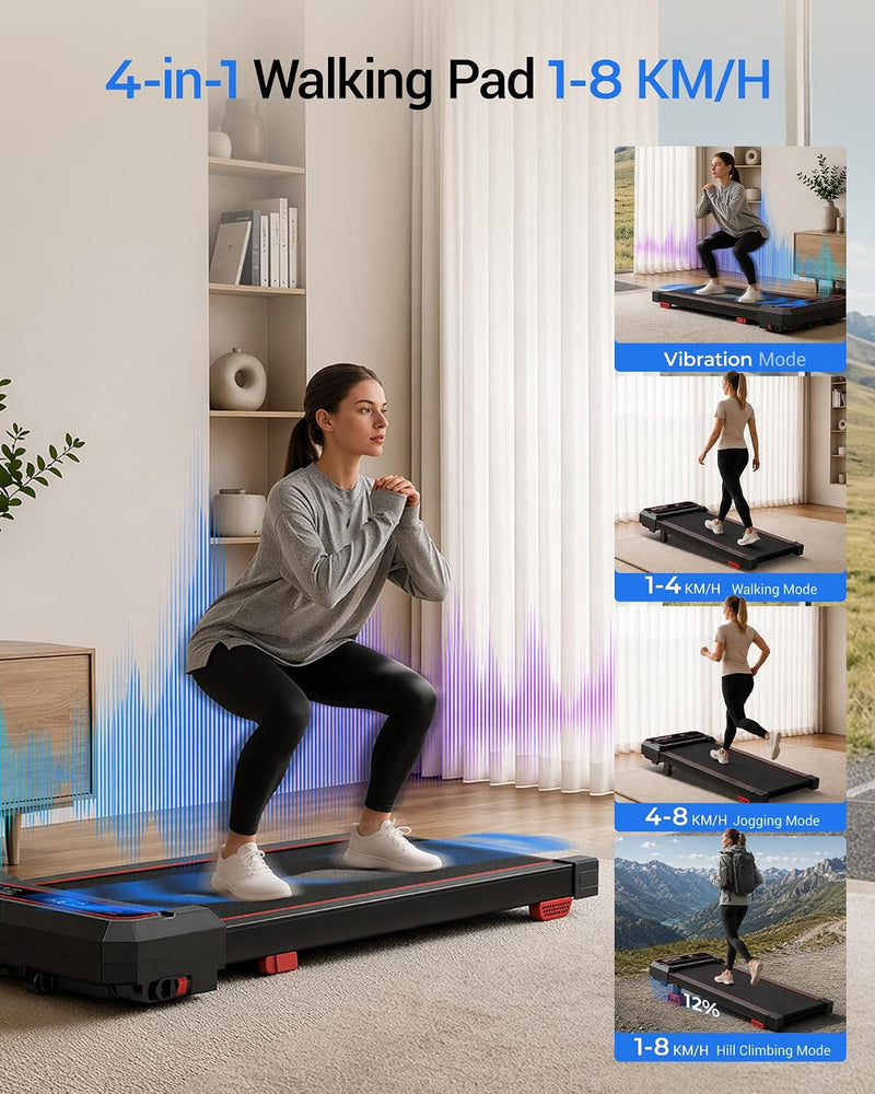 15% Incline Under Desk Walking Pad Treadmill with Vibration 10KM/H 3.0HP Under Desk Treadmills with 8 Speed Levels 120KG Capacity Quiet Compact Portable Design with Remote Control & Led Display - Black