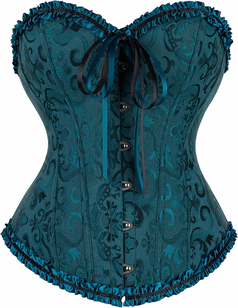 Corsets for Women Renaissance Floral Lace up Boned Overbust Corset Bustier Shapewear - Darkgreen