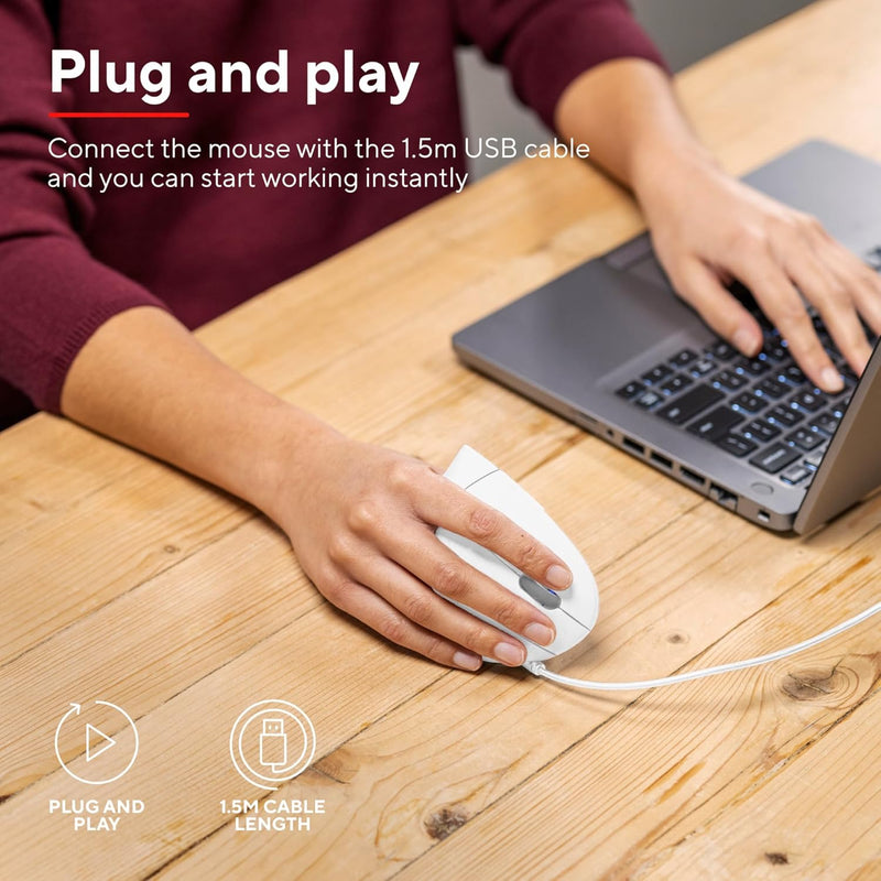 Trust Verto Wired Ergonomic Mouse, Vertical Mouse with LED Illumination, Reduces Arm Strain, 1000-1600 DPI, 6 Buttons, for Right Hand Users, 1.5m USB Cable, Computer Mouse for PC, Laptop. Mac - White - Single White
