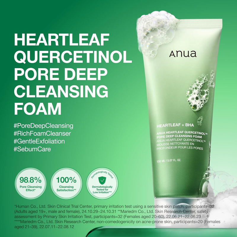 Heartleaf Quercetinol Pore Deep Cleansing Foam, Facial Cleanser, for Double Cleansing, BHA, Hyaluronic Acid, Glycerin, Face Wash, Blackhead Remover, (150ml/5.07 fl.oz.) - green