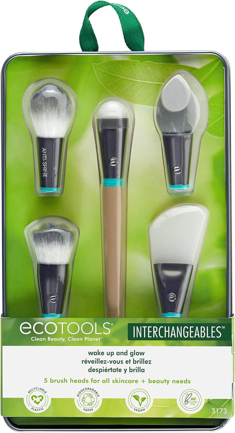 EcoTools Wake Up + Glow Interchangeables Makeup Brush Set with Case, With Beauty Blender Makeup Sponge, Silicone Applicator Face Mask Brush, Eye Roller Depuffer (Set of 6)