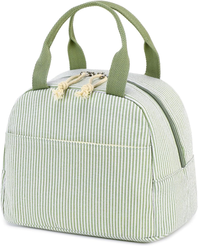 Lunch Bag for Women Men Cute Corduroy Lunch Tote Bags Reusable Insulated Lunch Box Large Capacity Reusable Insulated Cooler for Work Picnic or Travel (Corduroy strawberry) - A Sage Green White Stripes
