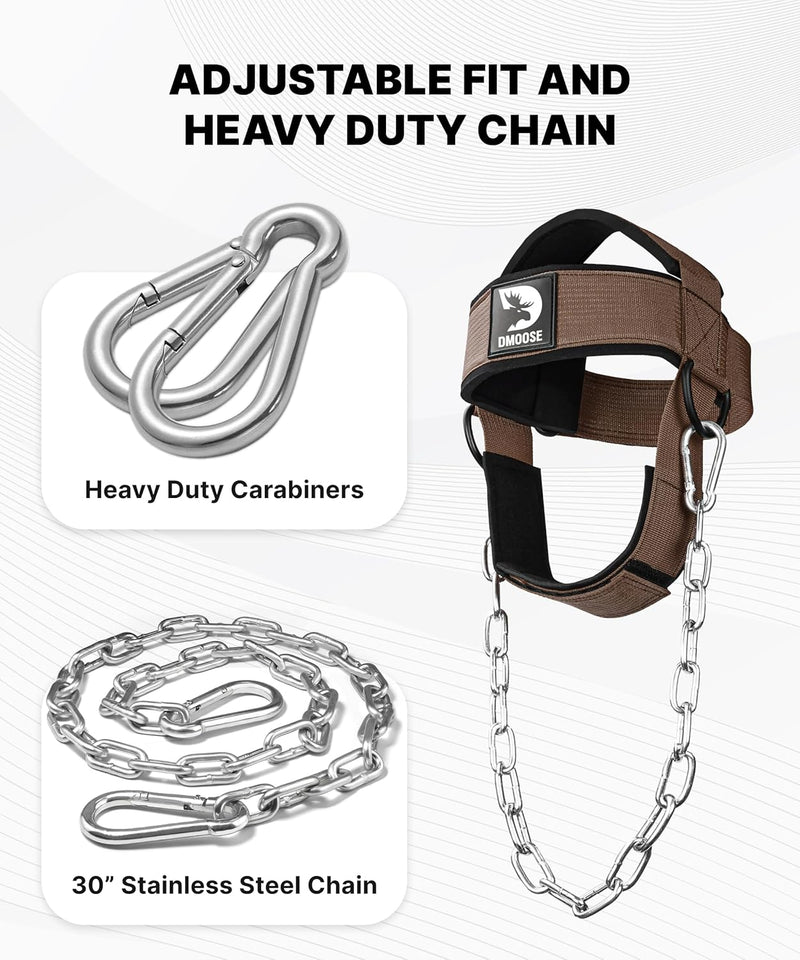 DMoose Neck Harness for Weight Lifting - 30" Heavy Duty Steel Chain - Neck Exerciser, Trainer & Strengthener for Injury Recovery Support & Workout- Adjustable Head & Chin Strap