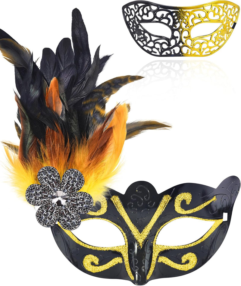 Couple Masquerade Masks Set Venetian Party Mask Costume Mask - Black Hollow & Gold