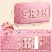 4 Pcs Nylon Cosmetic Bag Travel Organizer Chenille Letter Makeup Pouch Zipper Preppy Waterproof Hair Bag Toiletry Pouch for Women Girls(Light Brown, Beige, Light Pink, White) - White