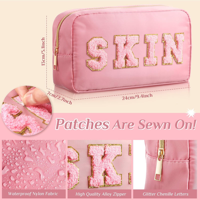 4 Pcs Nylon Cosmetic Bag Travel Organizer Chenille Letter Makeup Pouch Zipper Preppy Waterproof Hair Bag Toiletry Pouch for Women Girls(Light Brown, Beige, Light Pink, White) - White