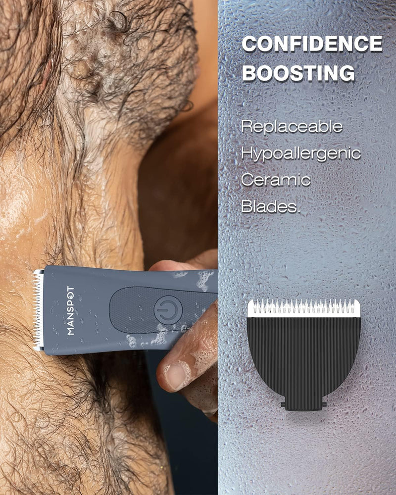 Electric Pubic Hair Trimmer Men's Shaving & Grooming Sets Kit w/ 4 Guards and Replaceable Ceramic Blade Heads, Waterproof Wet/Dry Groin Trimmer for Men, 90 Minutes Shaving, Body Groomer for Men (Blue)