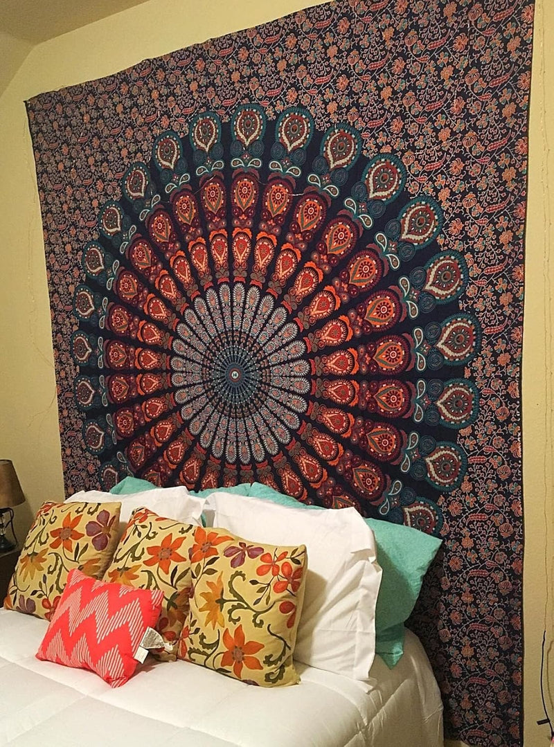Bless International, Indian Wall Hanging Psychedelic Hippie Bohemian Peacock Mandala Tapestry Bed Sheet Gold Pink Blue King 225x265cm