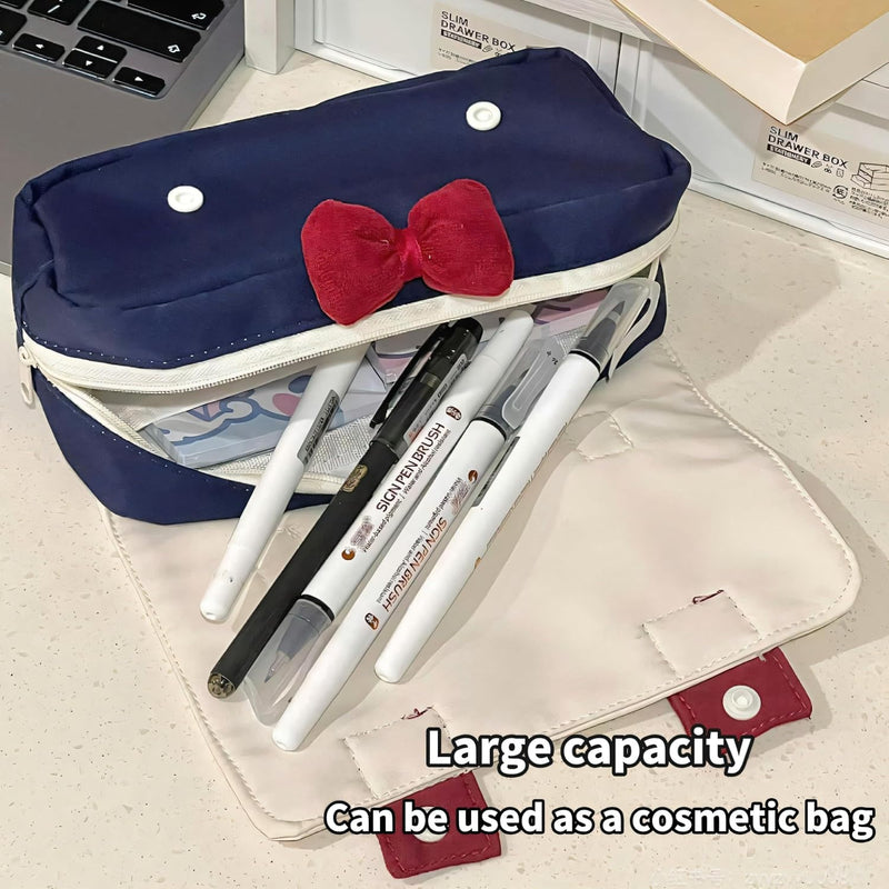 Cute Bow Pencil Case for Girls, Durable Single Compartment Stationery Organizer Pouch for School, Art, and Travel, with Small Pocket and Bonus Animal Erasers Ideal Gift for Students