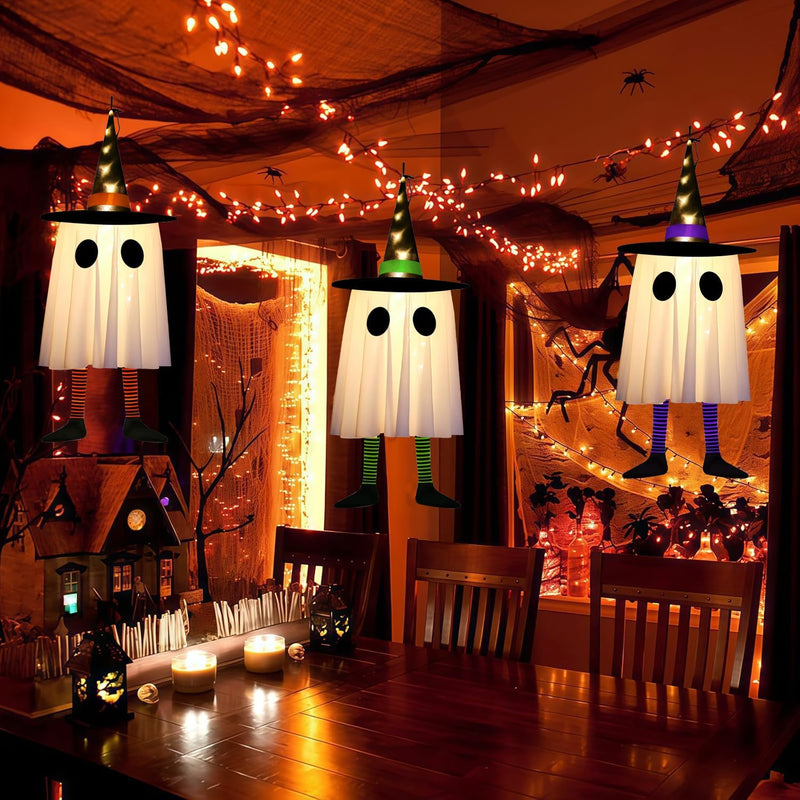 3 Pack Hanging Ghosts Halloween Decorations Outdoor, 23.6" Glowing Halloween Ghosts with Witch Hat, DIY Expressions Light up Ghost Kit for Yard Patio Garden Tree Outside