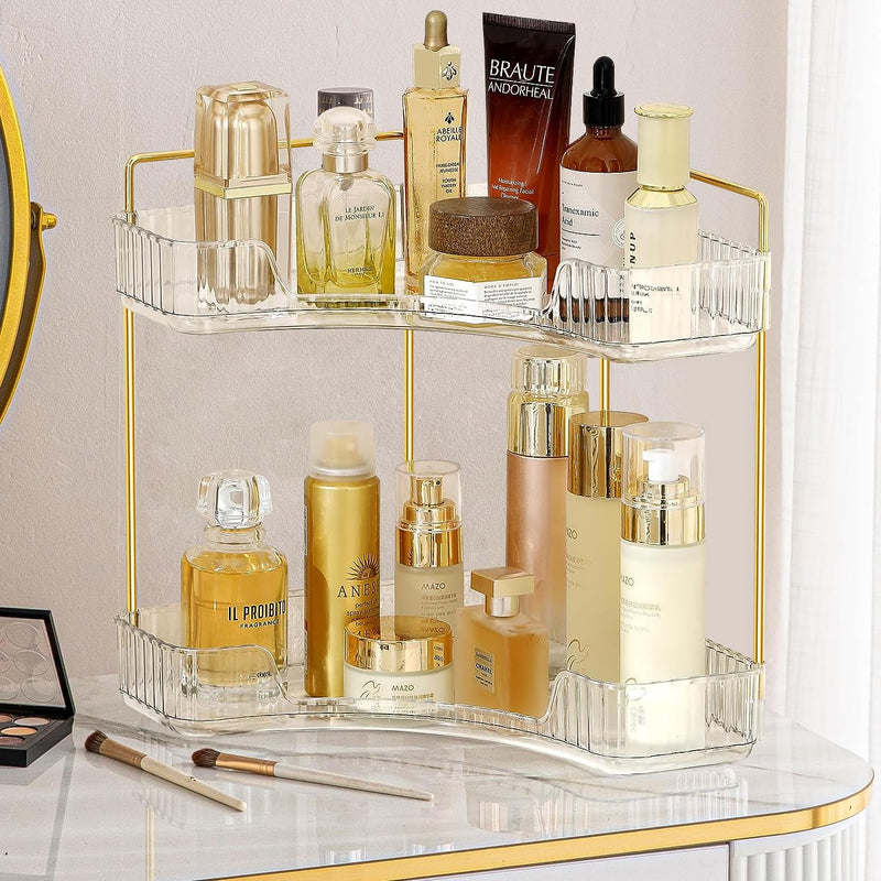 Angju 2-Tier Corner Bathroom Counter Organizer, Bathroom Countertop Perfume Tray and Vanity Organizer, Makeup Cosmetic Storage, Corner Storage Organizers for Bathroom,Dresser,Kitchen (White)