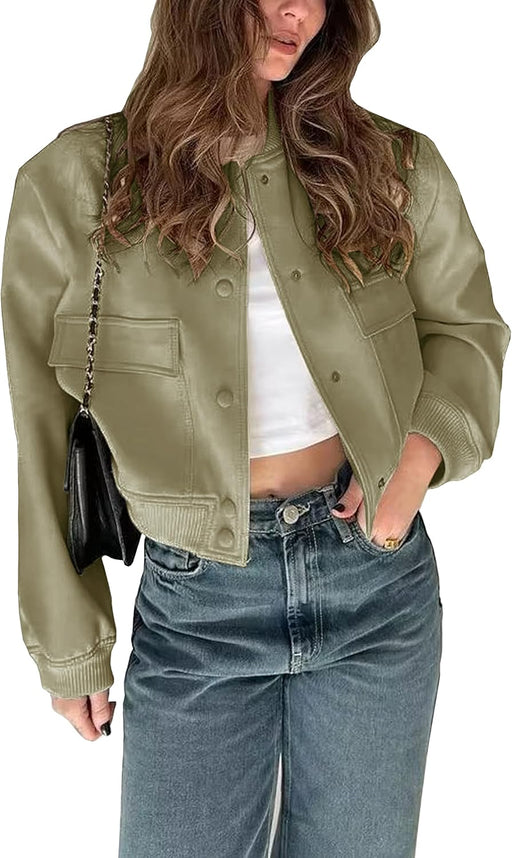 Womens Cropped Bomber Jacket Button Down Varsity Jackets Shackets With Pockets - Green