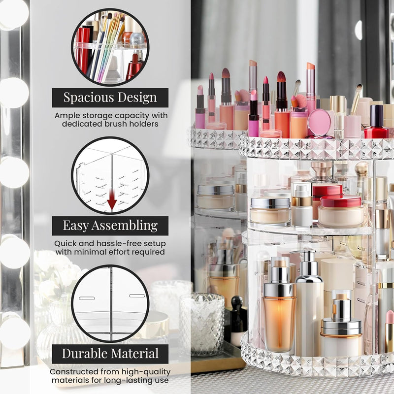 SPAULD Rotating Makeup Organizer, Adjustable Layers Spinning Skincare Organizer, Cosmetic Display Case with Brush Holder, Multi-Function Storage Carousel for Vanity Bathroom Countertop (Style 2)