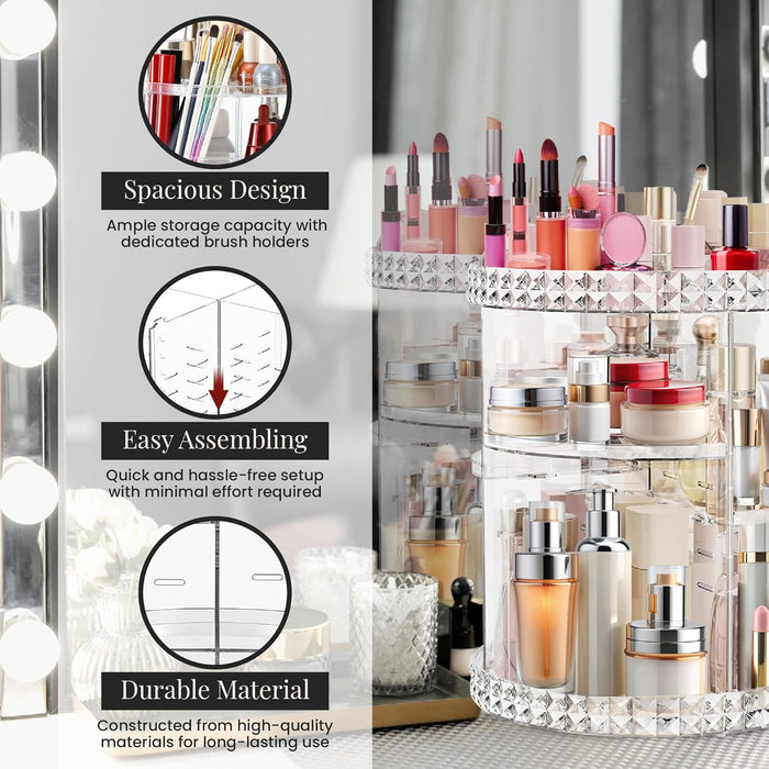 SPAULD Rotating Makeup Organizer, Adjustable Layers Spinning Skincare Organizer, Cosmetic Display Case with Brush Holder, Multi-Function Storage Carousel for Vanity Bathroom Countertop (Style 2)