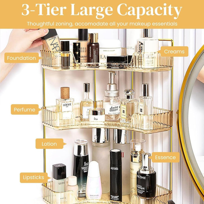 HANNEA® Makeup Organizer, 3 Tier Countertop Cosmetic Shelf Skincare Organizer Stand Corner Counter Storage Holder Clear Acrylic Vanity & Bathroom Organizer Capacity for Lotion, Jewelry, Makeup