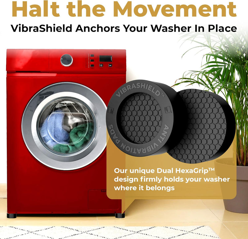 Anti Vibration Pads for Washing Machine with HexaGrip - Stops Washer Dryer Moving, Walking - Prevents Noise, Vibration Transfer - Rubber Antivibration Stabilizer Support Feet Mat - VIBRASHIELD 4 Pack