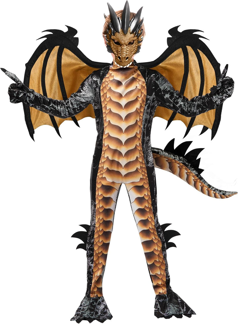 Spooktacular Creations Halloween Kid Dragon Costume, Boys Dragon Wings, Tail and Mask Set for Halloween Dress Up - gold