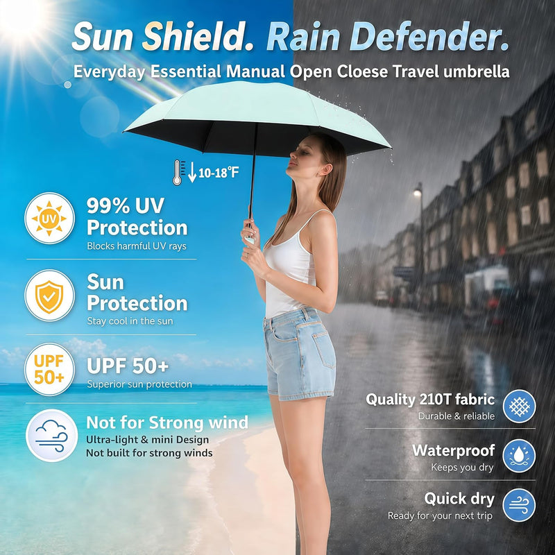 Mini Travel Umbrella with UV Sun Protection, Compact Pocket-Size - Green