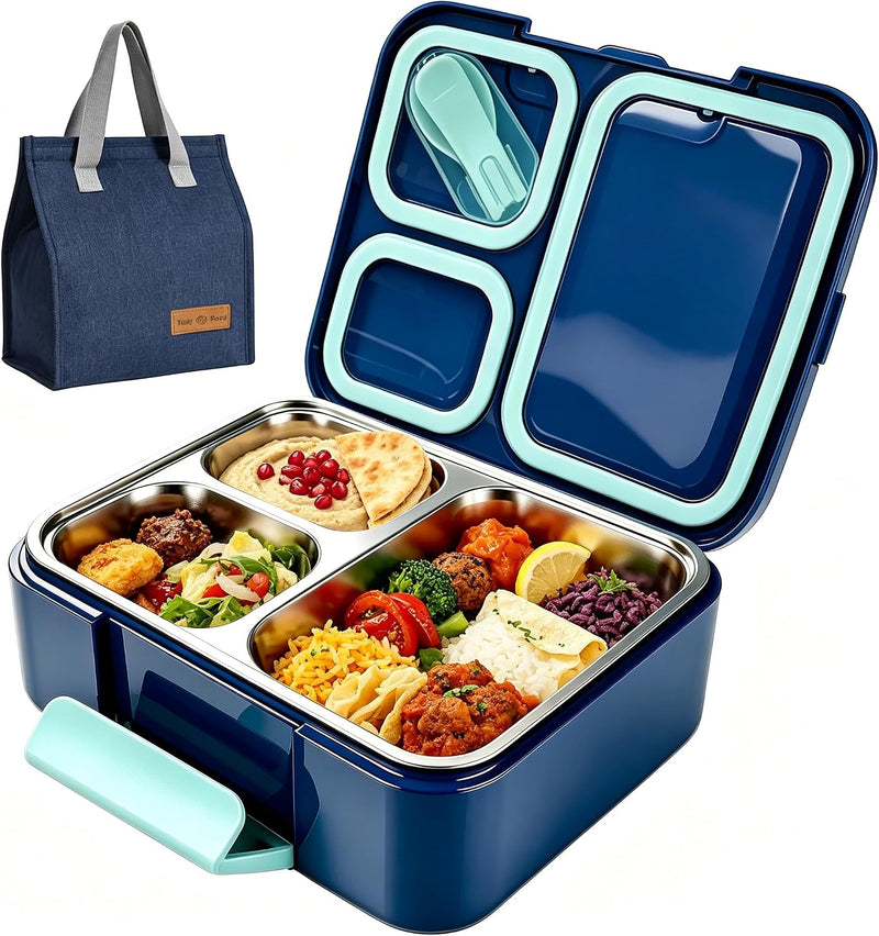 Stainless Steel Bento Lunch Box for Kids,Microwave-Safe 3-Compartment Leakproof Snack Container with Lunch Bag for Boys,Girls, 304 Tiffin Box Food Storage for School,Office, Travel (Blue) - Blue