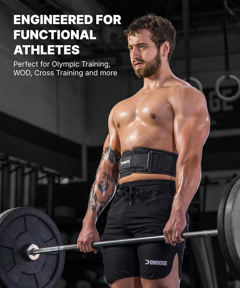 DMoose Fitness Weight Lifting Belt - Auto Locking 4" Nylon Gym Belt with Adjustable Buckle - Provides Lumbar Support & Stability for Olympic Training, WOD & Cross Training for Men & Women