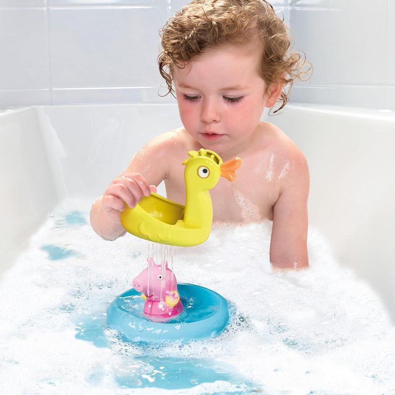 TOMY Toomies Peppa Pig Peppa and Duck Bath Float - Peppa Water Squirter Bath Toy and Duck Pourer Float with Water Wheel - Officially Licensed Peppa Pig Toys - Baby Bath Toys for +18 Months, Small