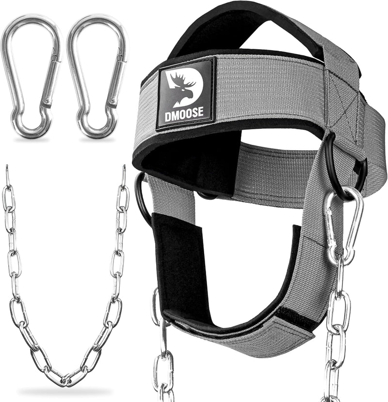 DMoose Neck Harness for Weight Lifting - 30" Heavy Duty Steel Chain - Neck Exerciser, Trainer & Strengthener for Injury Recovery Support & Workout- Adjustable Head & Chin Strap