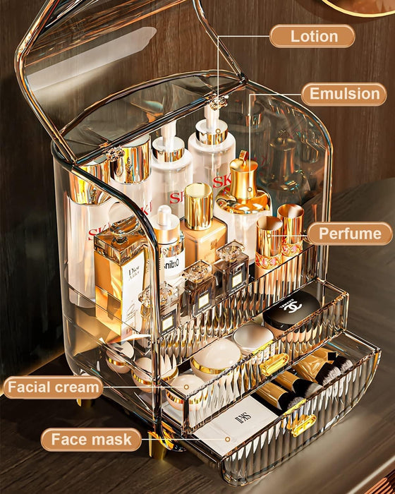DUSALA Makeup Organizer, Large Capacity Cosmetics Makeup Organizer for Vanity, Dustproof Waterproof Cosmetics Display Case with Drawers for Skincare, Lipstick, Brushes and Jewelry (Clear)