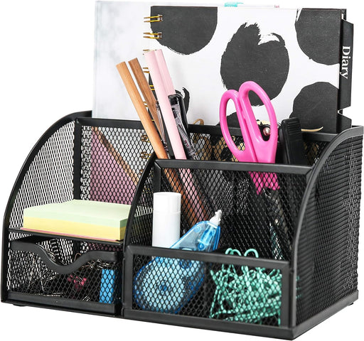 Valuxe Mesh Desk Organizer Pencil Holder with Drawer - All in One Pen Holder for Desk, Multi-Functional Caddy Pen Holder Stationery Desk Accessories Organizer for Office, Home, School, Classroom