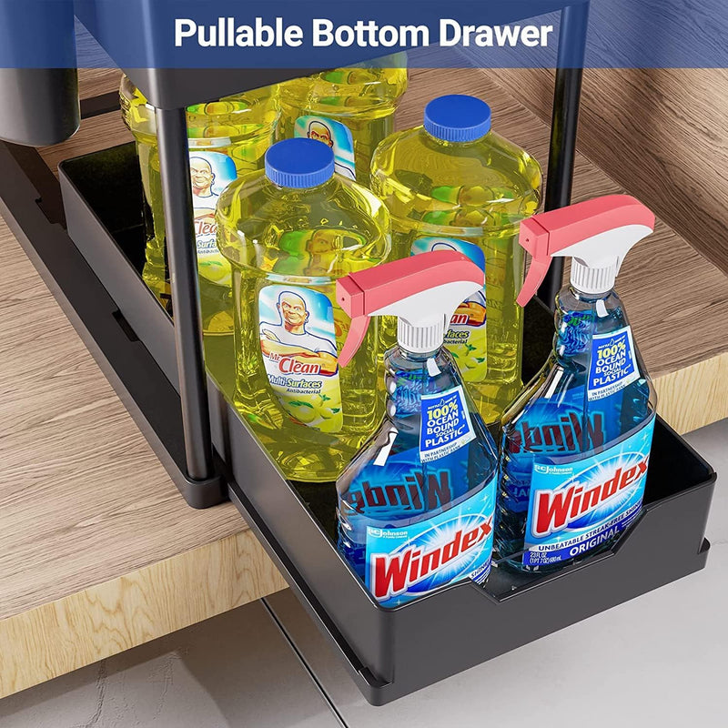 SKY-TOUCH 1pcs Under Sink Shelf Storage Organiser with Sliding Pull Out Drawer,Double Sliding Under Bathroom Cabinet Organization, Kitchen Storage with Hooks,15.6 8.6 13.2cm,Black