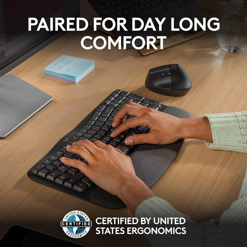 Logitech Wave Keys & Lift Vertical Mouse - Ergonomic Wireless Keyboard and Mouse Combo - with Cushioned Palm Rest, Easy-Switch, Bluetooth, for Multi-OS, Windows/Mac, US/INTL - Graphite