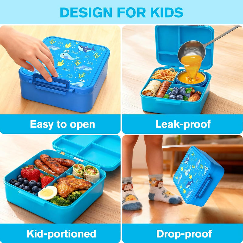 Bento Lunch Box, LunchBox 4 Compartments, Leak-Proof Lunch Container, PFAS&BPA-Free Microwave Safe, BLYPHOO Bento Box with Soup Bowl(Blue)