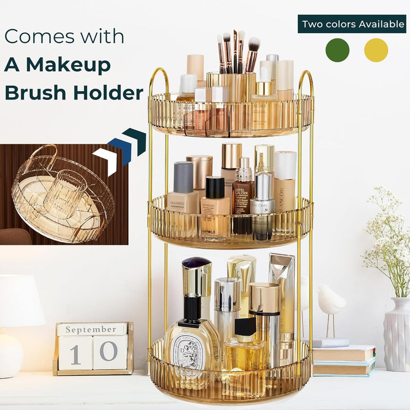 Sortify Rotating Makeup Organizer with Makeup Brush Holder, Save 80% of Vanity Space with Luxury Cosmetic Organizer 3 Tier, 360° Spinning Lazy Susan Skincare Organizer Stand, Gold 47x23x23cm