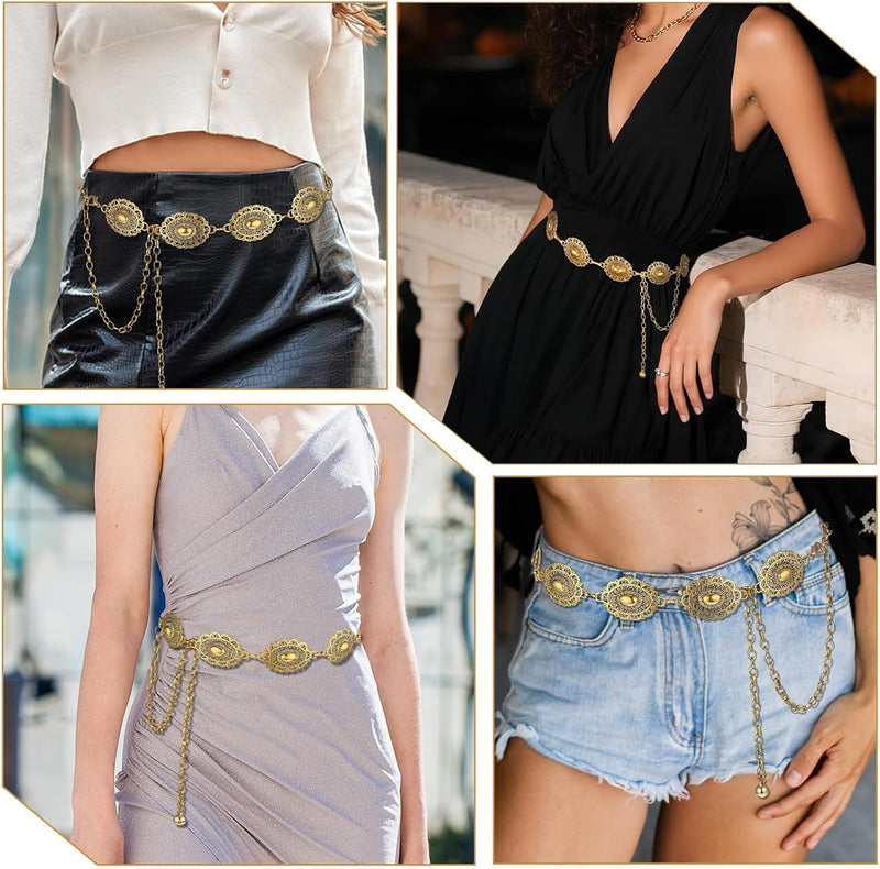 Metal Belt for Women Boho Costume Waist Chain for Ladies Girls Gold Fashion Belt with Adjustable Buckle Western Retro Belt for Dresses Jeans Pants Shirts, One Size