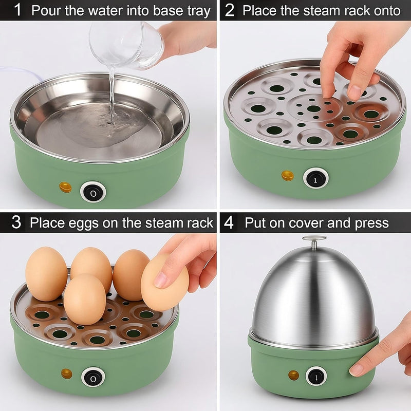 Electric Egg Cooker, Rapid Egg Boiler with Auto Shut-Off, Cooks Hard & Soft Boiled Eggs, Onsen Tamago, Veggies, Dumplings, 7-Egg Stainless Steel Tray for Home Kitchen, Green