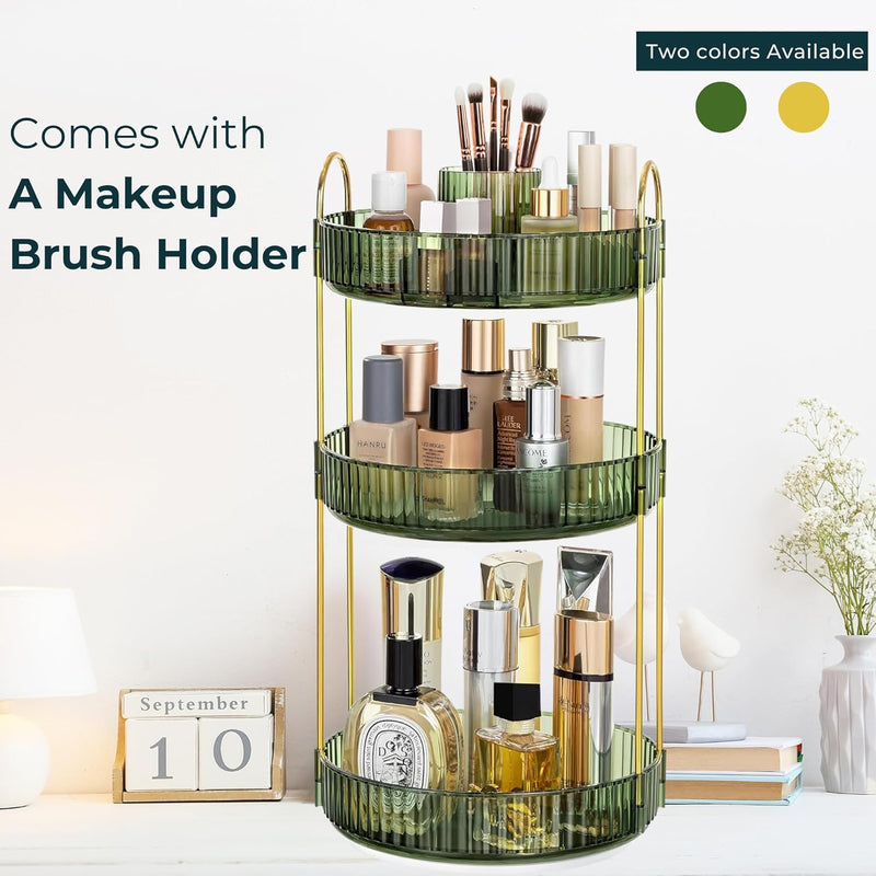 Sortify Rotating Makeup Organizer with Makeup Brush Holder, Save 80% of Vanity Space with Luxury Cosmetic Organizer 3 Tier, 360° Spinning Lazy Susan Skincare Organizer Stand, Gold 47x23x23cm