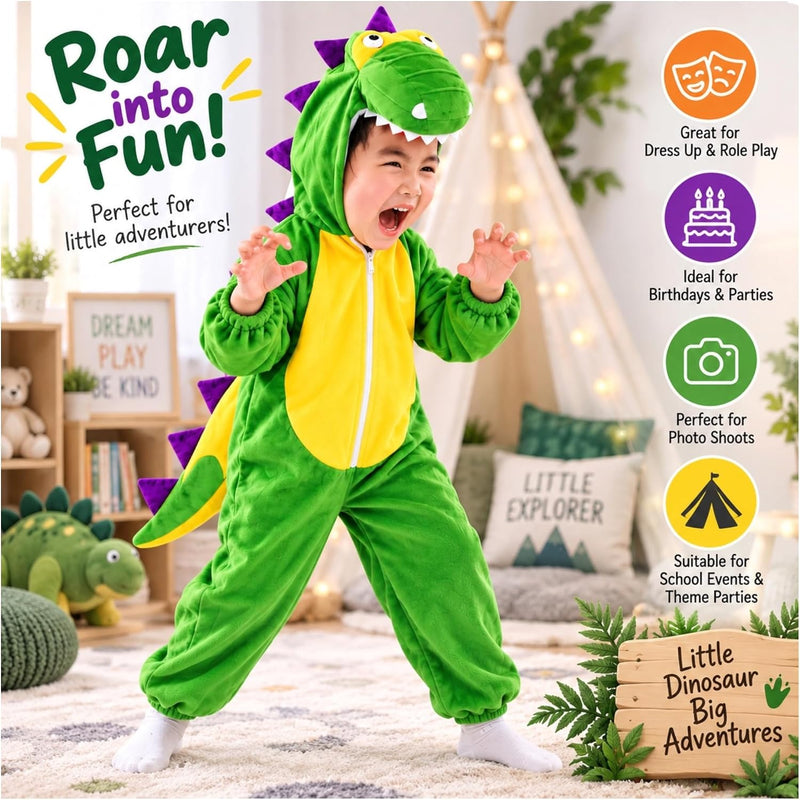 Doodle Kiddo Dinosaur Costume for Kids 3-8 Years, Green Hooded Dino Jumpsuit for Boys & Girls, Animal Costume, Halloween Fancy Dress Outfit, Dinosaur Party, Cosplay & Role Play