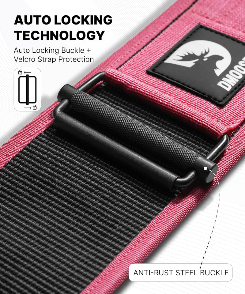 DMoose Fitness Weight Lifting Belt - Auto Locking 4" Nylon Gym Belt with Adjustable Buckle - Provides Lumbar Support & Stability for Olympic Training, WOD & Cross Training for Men & Women