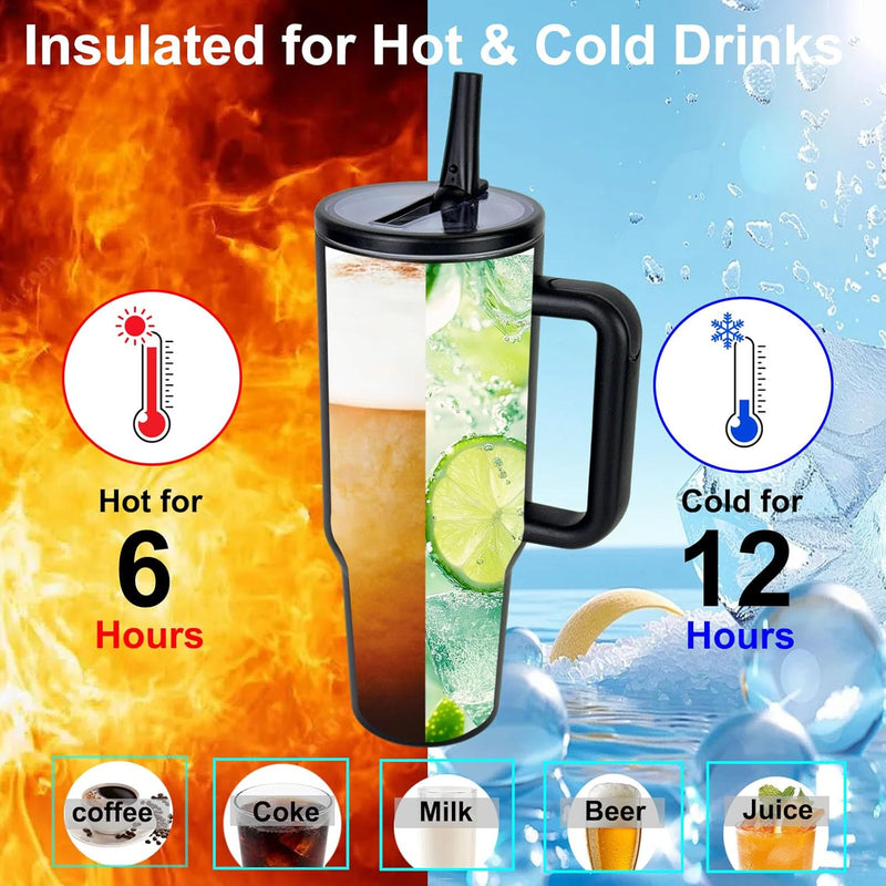 40 oz Water Bottle with Handle & Flip Straw - Fits in Cup Holder, Leak Resistant Tumbler-Reusable Insulated Stainless Steel - Gifts for Women & Men, Black