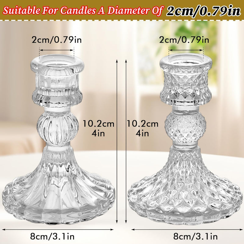Angju Clear Glass Candlestick Holders,6 pcs Set Include Taper Candle Holders and Stripe Candle Holders,Two Style for Formal Events, Wedding, Festival,Church, Party & Festival Decoration