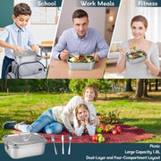 Stainless Steel Bento Box with Leak-Proof Lid and 3-Grid Divider, 1800ml Large Lunch Container with Utensils, Double Layer Metal Food Box for Adults, Kids, Office, Picnic, Camping, Meal Prep (Silver)
