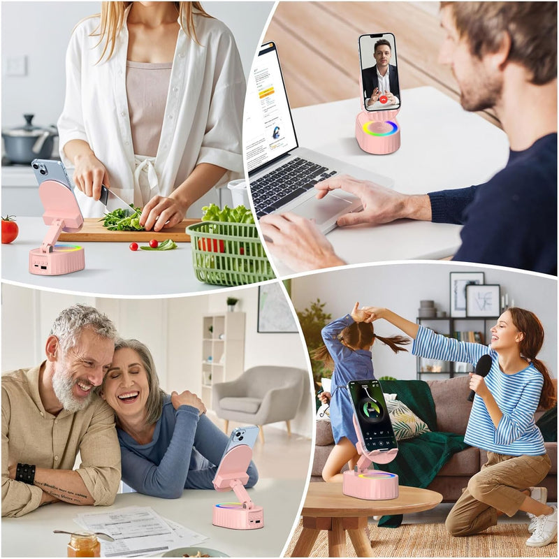 BIGTHREE Phone Holder with Bluetooth Speaker, Bluetooth Speaker Phone Holder, 5 in 1 Wireless Induction Audio, 360 Rotating Folding Lifting Charging Holder, RGB Colourful Lamp Effect