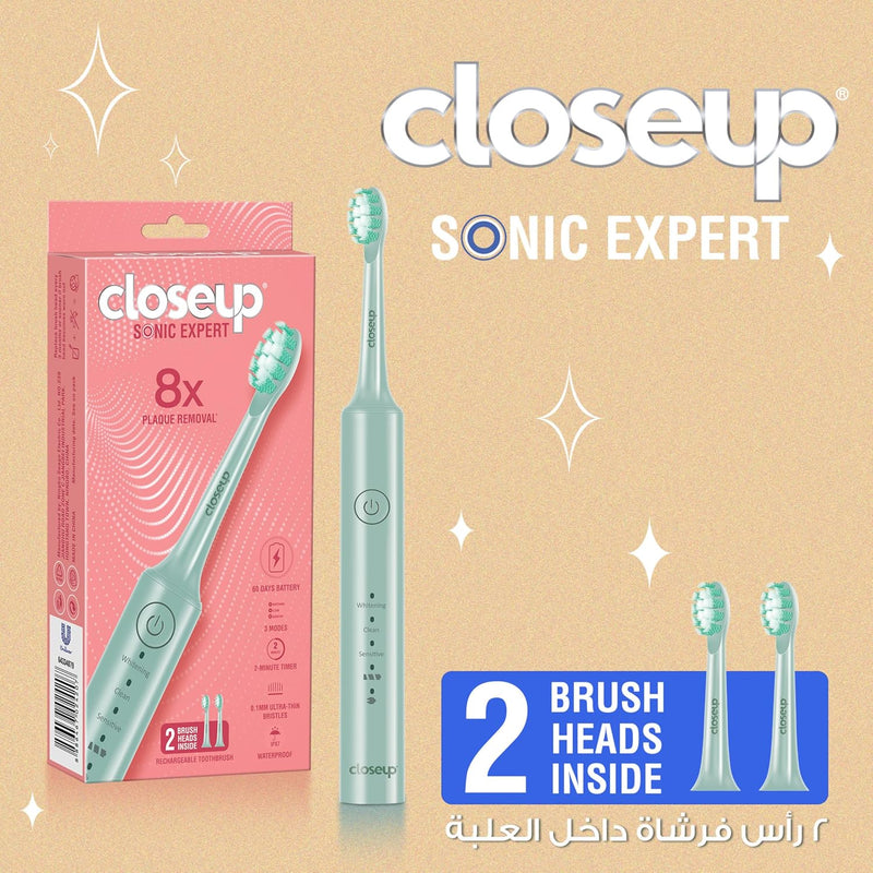 closeup Sonic Expert Green Rechargeable Toothbrush, Waterproof, with 8x Plaque Removal Power, Whitens and Cleans, Suitable for Sensitive Teeth, 1pack