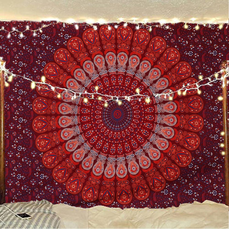 Bless International, Indian Wall Hanging Psychedelic Hippie Bohemian Peacock Mandala Tapestry Bed Sheet Gold Pink Blue King 225x265cm
