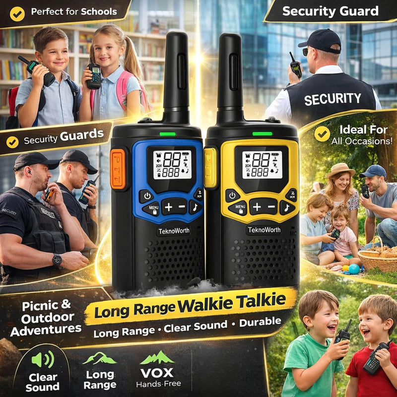 Handheld Communication Device for Adult with VOX Function, SOS Torch & Compact Lightweight Design for Outdoor, Events and Site Coordination (Blue/Yellow, Pack of 2) - Blue/Yellow Pack of 2